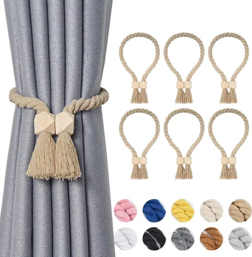Vista 66 de NICEEC 2 Pack de Alzapaños Magnéticos de Madera en Forma de Cubo Boho para Decoración del Hogar, Alzapaños de Lino Tejidos a Mano para Cortinas Beige
