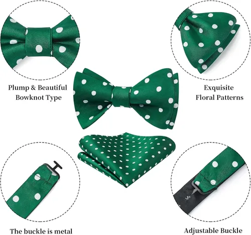 Vista 19 de HISDERN Pajaritas para hombre, diseño de lunares, corbatín y bolsillo cuadrado, clásico, esmoquin de negocios, boda, pajaritas, pañuelo