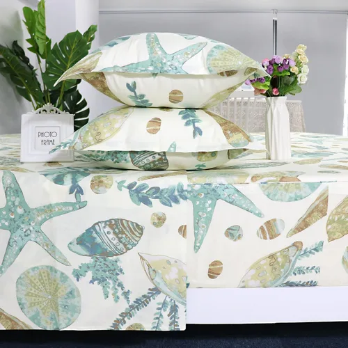 Vista 17 de FADFAY Juego de sábanas Queen con temática de playa, 100% algodón, ropa de cama costera súper suave, ropa de cama náutica de conchas marinas y Aqua