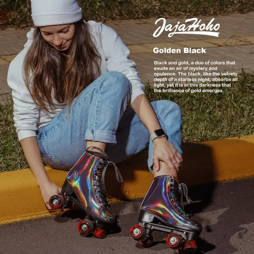 Vista 2 de JajaHoho Patines de ruedas para mujer, de cuero PU holográfico negro de alta calidad, patines de doble fila brillantes con cuatro ruedas para niñas