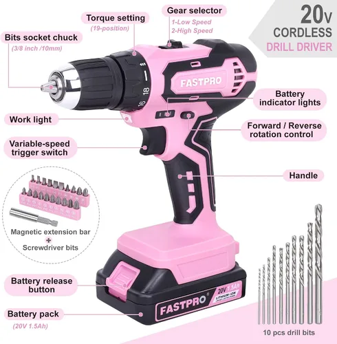 Vista 8 de FASTPRO Juego de herramientas para el hogar y taladro de iones de litio inalámbrico de 177 piezas de 20 V rosa con taladro en estuche