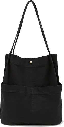Vista 8 de Jeelow Washed Canvas Bucket Bag for Women, Slouchy Hobo Tote, 2 Pockets Bolsillo beige
