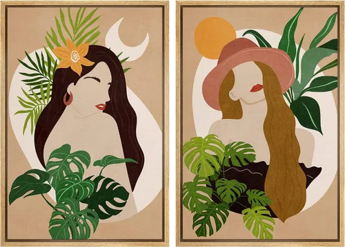 Vista 97 de SIGNFORD Lienzo enmarcado para pared, juego de arte geométrico retro de mediados de siglo, plantas forestales, ilustraciones con formas abstractas