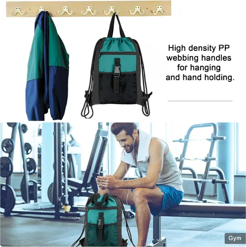 Vista 6 de BeeGreen Mochila con cordón y hebilla, Negro, verde azulado.