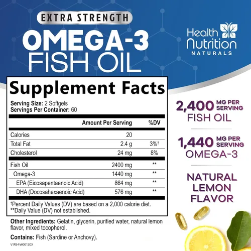 Vista 2 de Suplementos de aceite de pescado Omega 3 – 2400 mg de aceite de pescado por porción – Omega-3 de triple fuerza con ácidos grasos EPA y DHA – Apoyo