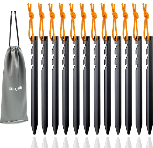 Vista 8 de Juego de 12 estacas de aleación de aluminio con cuerdas reflectantes, estacas de metal ligeras para acampar tiendas de campaña, hamacas Naranja