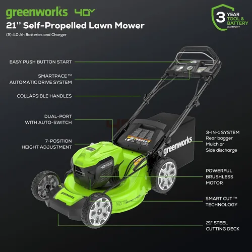 Vista 2 de Greenworks Cortacésped inalámbrico sin escobillas de 40 V 21 pulgadas (ritmo inteligente / autopropulsado) (más de 75 herramientas compatibles), (2)