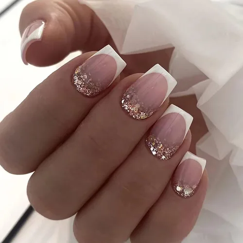 Vista 10 de Uñas postizas a presión ataúd de longitud corta, 24 piezas de cobertura completa, reutilizables, brillantes, uñas postizas con pegamento, uñas