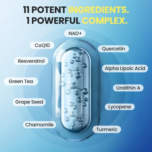 Vista 4 de Suplemento liposomal NAD+ extra fuerte Urolitina A, resveratrol, CoQ10 - Mujeres y hombres - ALA, té verde, quercetina, licopeno Alta pureza
