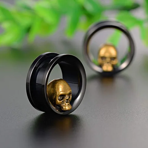 Vista 2 de COOEAR 1 par de calibradores de oído túneles de oreja negros tapones de calavera de acero inoxidable
