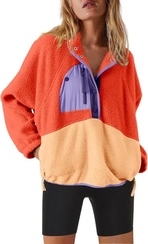 Vista 37 de Nirovien - Chaqueta de forro polar con capucha para mujer, manga larga, sherpa, sudadera mullida, abrigada, con botones y bolsillos Un rosa
