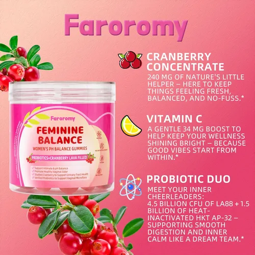 Vista 4 de Gomitas de equilibrio femenino, suplemento de equilibrio premium para mujeres, salud del PH, apoyo inmunológico, apoyo energético, vegano, sin