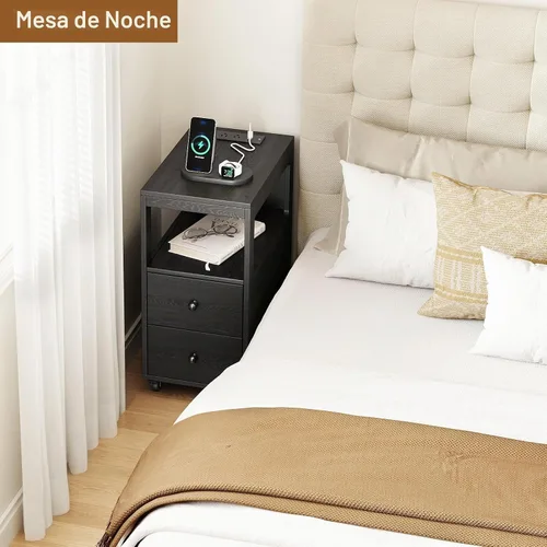 Vista 7 de Mesa auxiliar estrecha con estación de carga y ruedas, mesa auxiliar de sofá estrecha móvil con puertos USB y salidas para espacio pequeño, sala