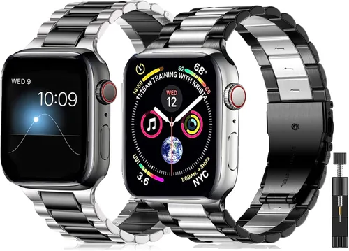 Vista 16 de Paquete de 2 correas de metal compatibles con Apple Watch Band 38/40/41/42/44/45/46/1.929 in, acero inoxidable y malla milanesa para iWatch Band