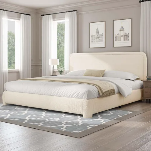 Vista 19 de BarnFurin Base de cama individual con cabecero, cama de plataforma tapizada Cloud Boucle, esquinas redondeadas suaves, no necesita somier, Beige
