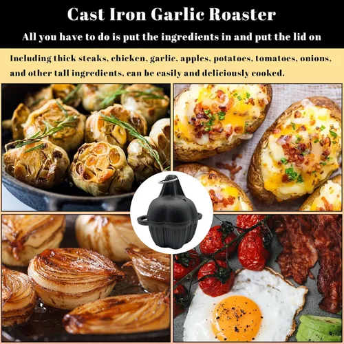 Vista 8 de Asador de hierro fundido, caja de ahumador de hierro fundido pre-sazonado para asar a gas, asador de ajo para horno, ideal para ahumar, asar, ajo
