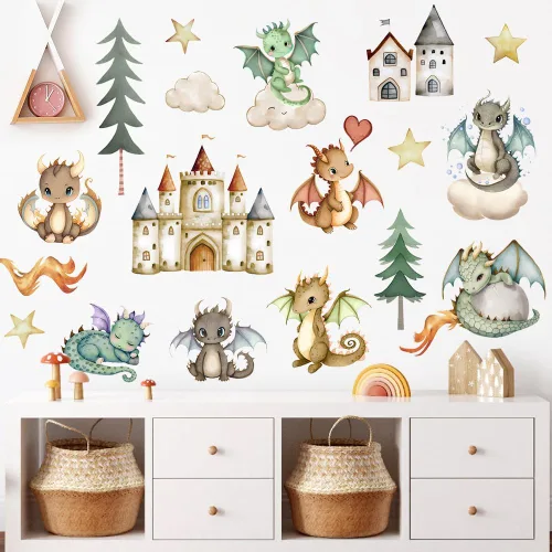 Vista 5 de Calcomanías de pared de dinosaurios de dibujos animados 3D, lindos castillos de dinosaurios para bebé, calcomanías de pared extraíbles de acuarela