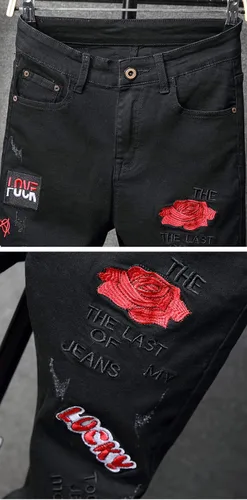 Vista 3 de GINZOUS pantalones vaqueros elásticos negros bordados con flores rojas para hombre