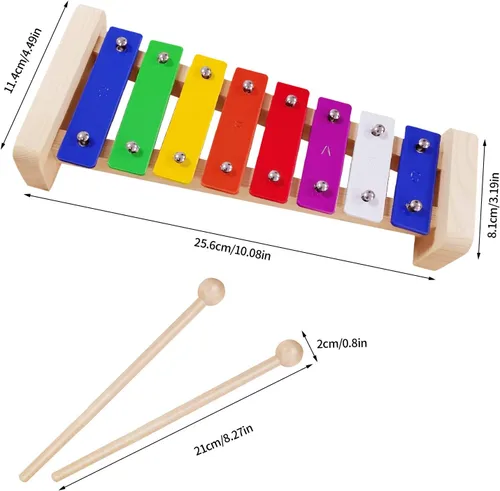 Vista 3 de Xilófono para niños, Glockenspiel con 2 mazos seguros para niños, 8 notas diatónicas, barras de metal coloridas con desarrollo educativo musical