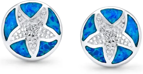 Vista 2 de Large Nautical Hawaiian Tropical Beach Vacation Round Circle Disc Star Fish Blue Inlay Created Opal Starfish Stud Earrings For Women Teens .925