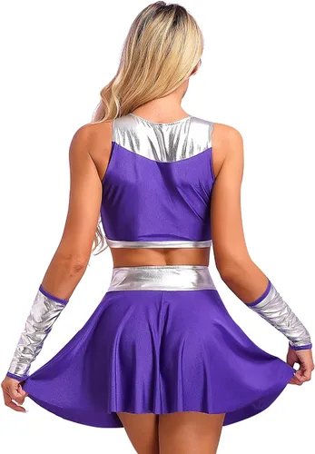Vista 4 de Disfraz de Halloween para mujer, disfraz de princesa, juego de rol, color morado, ombliguera con minifalda