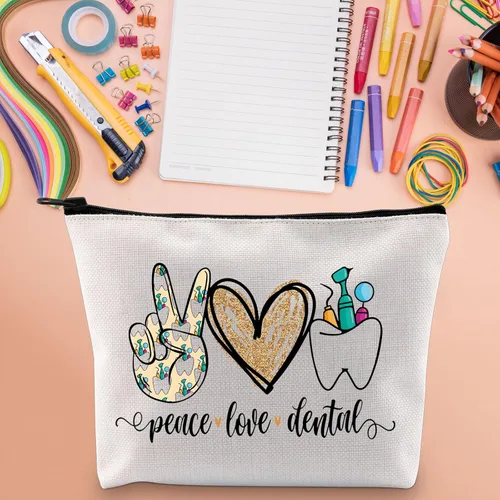 Vista 7 de WZMPA Bolsa de cosméticos dentales Higienista Dental Regalo Paz Amor Maquillaje Dental Cremallera Bolsa Bolsa Para Asistente Dental Dentista, Paz