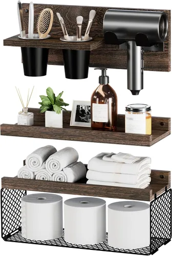 Vista 8 de Puricon Estantes flotantes de baño con soporte para secador de pelo, juego de organizadores de madera rústica de 3 niveles montados en la pared