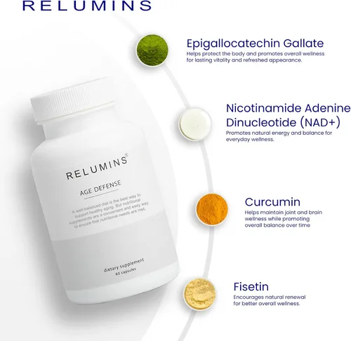 Vista 4 de Relumins Suplemento Age Defense NAD+ con NADH, CoQ10, glutatión, resveratrol, fisetina, curcumina y EGCG - Suplemento de apoyo antioxidante - 60
