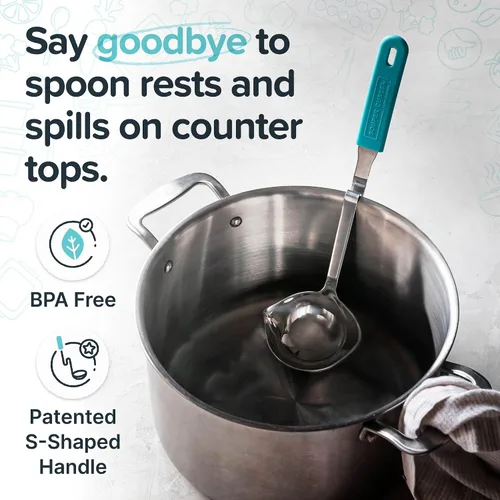 Vista 3 de Souper Cubes + Lori Greiner Cucharón de sopa sin desorden de acero inoxidable con mango de silicona - Cucharón de sopa de metal con diseño sin