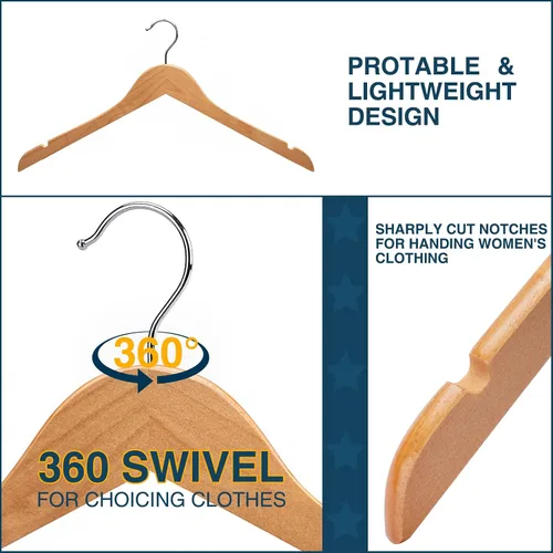 Vista 2 de Paquete de 20 perchas de madera resistentes para camisas, vestidos, abrigos y más (natural)