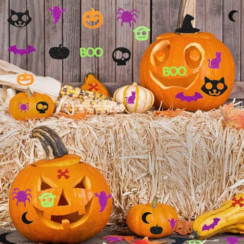 Vista 5 de Calcomanías de espuma de Halloween con purpurina, calcomanías de Halloween, calcomanías autoadhesivas brillantes con forma de fantasma de calabaza