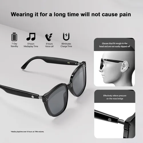 Vista 4 de Gafas de sol inteligentes Bluetooth, gafas de audio, lentes de nailon, micrófono y altavoz incorporados, protección UV, asistente de voz