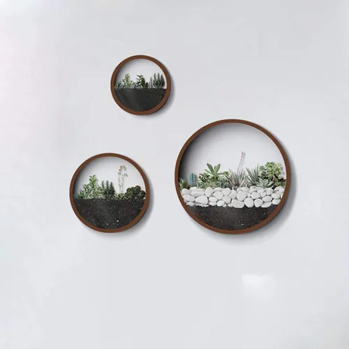 Vista 9 de Juego de 3 macetas de pared, modernas macetas redondas de vidrio para suculentas, maceta circular colgante de hierro para hierbas, cactus pequeño