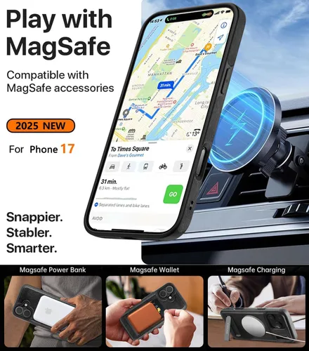 Vista 3 de WTCASE Funda magnética de piel para iPhone 17, soporte invisible integrado [compatible con Magsafe], funda protectora delgada con función atril