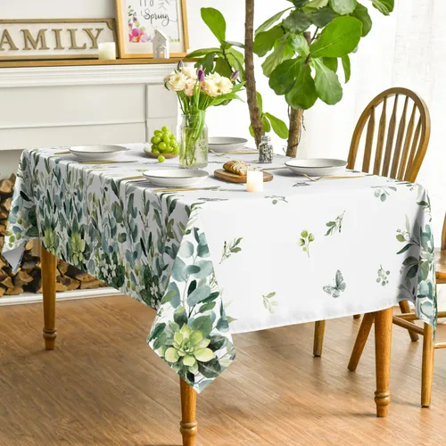 Vista 3 de Horaldaily Mantel rectangular de primavera y verano de 52 x 70 pulgadas, mantel floral de eucalipto para decoración de fiestas, pícnic, cenas