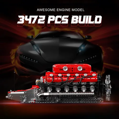 Vista 3 de Mould King Kit de modelo de motor V12 que funciona – Juego de bloques de construcción de mini motores motorizados con batería y cambio de marchas