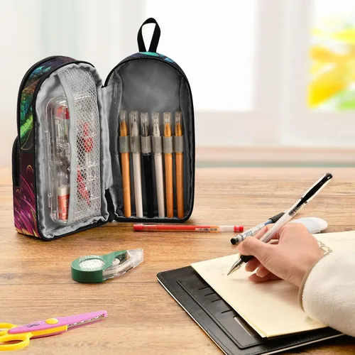 Vista 7 de Estuche para lápices de dragón arcoíris de gran capacidad, con compartimento, organizador de papelería con forma de mochila escolar