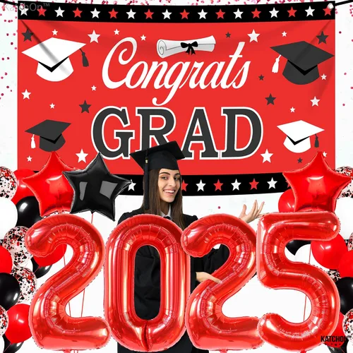 Vista 8 de KatchOn, Juego de 40 decoraciones de graduación rojas y negras 2025, globos rojos 2025, pancarta de felicitaciones para graduación de clase de 2025