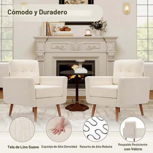 Vista 5 de Tbfit Paquete de 2 sofás individuales de tela de lino, silla decorativa, sillón moderno de mediados de siglo para sala de estar, dormitorio Beige