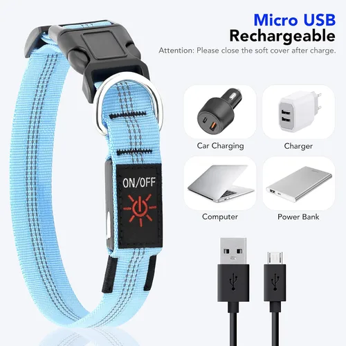 Vista 5 de Weesiber Collares de perro con luz LED, collar recargable con luces LED, luces reflectantes ajustables para perros para caminar por la noche