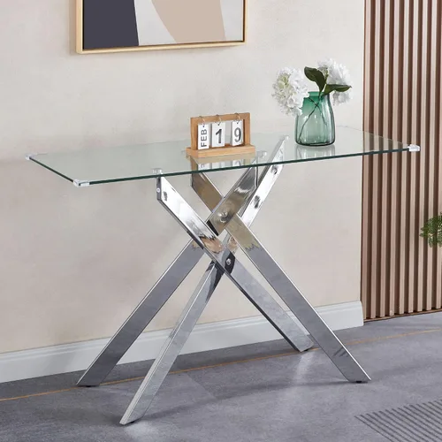 Vista 9 de Mesa de centro de cristal de 47 pulgadas, moderna tapa rectangular de vidrio templado con patas de metal con cruz dorada, mesa central de espacio