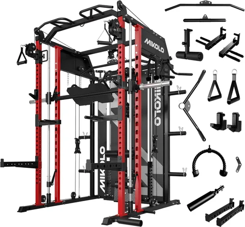 Vista 13 de Mikolo - Máquina Smith con pila de pesas, sistema de gimnasio en casa tipo jaula de potencia con tracción LAT y cruce de cable, entrenador