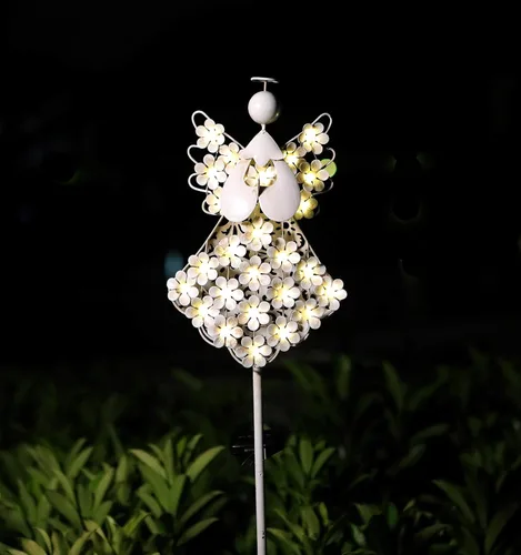 Vista 2 de WSgift Luces solares de ángel blanco para jardín, regalo conmemorativo de hortensias de metal con 27 LED, perfectas para recuerdo y simpatía