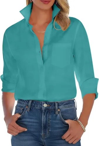 Vista 13 de Camisas con botones para mujer, camisa de vestir de manga larga, sin arrugas, con cuello, camisa de trabajo, casual, blusa de oficina