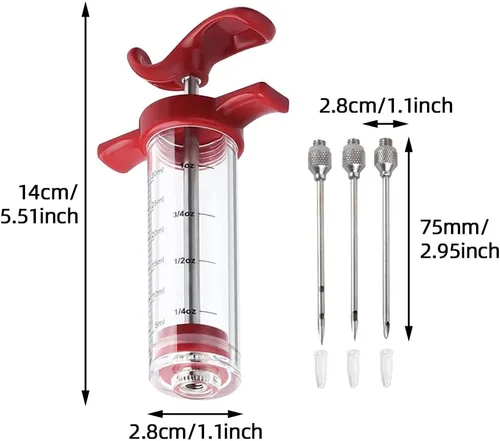 Vista 2 de Kit de jeringa-e para inyector de carne, inyector de pavo poroso de 3 agujas para carnes con cepillo de limpieza, inyector de adobo jeringa-e
