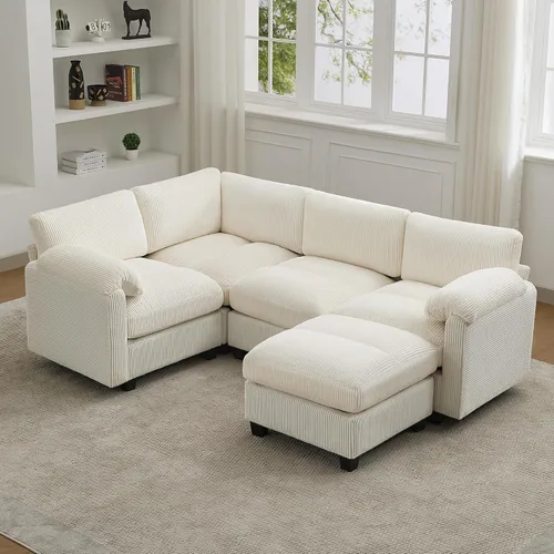 Vista 29 de Sofá modular de 61 pulgadas con otomana, asiento extra profundo para sala de estar, sofá de asiento profundo de pana con almohadas para Beige