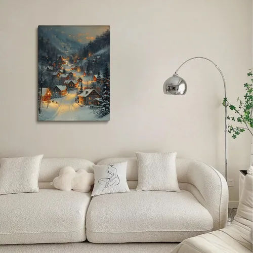 Vista 5 de Arte de pared de pueblo de invierno, encantadoras casas de pueblo cubiertas de nieve, escena nocturna acogedora, arte de pared, decoración navideña