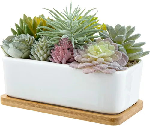 Vista 8 de MyGift Arreglo de suculentas artificiales surtidas en caja rectangular de madera negra, decoración de plantas falsas