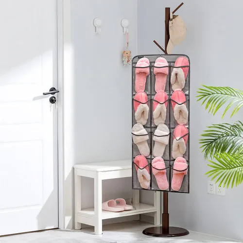 Vista 5 de Organizador de zapatos colgante de doble cara para armario con colgador giratorio, soporte para zapatos colgante con 24 bolsillos grandes
