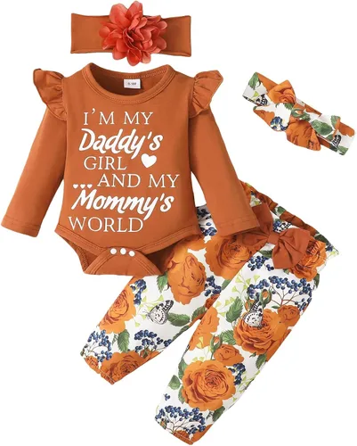 Vista 101 de SUNNY PIGGY Ropa para bebé recién nacida, con volantes, mameluco de algodón floral, conjunto de pantalones de algodón para niñas